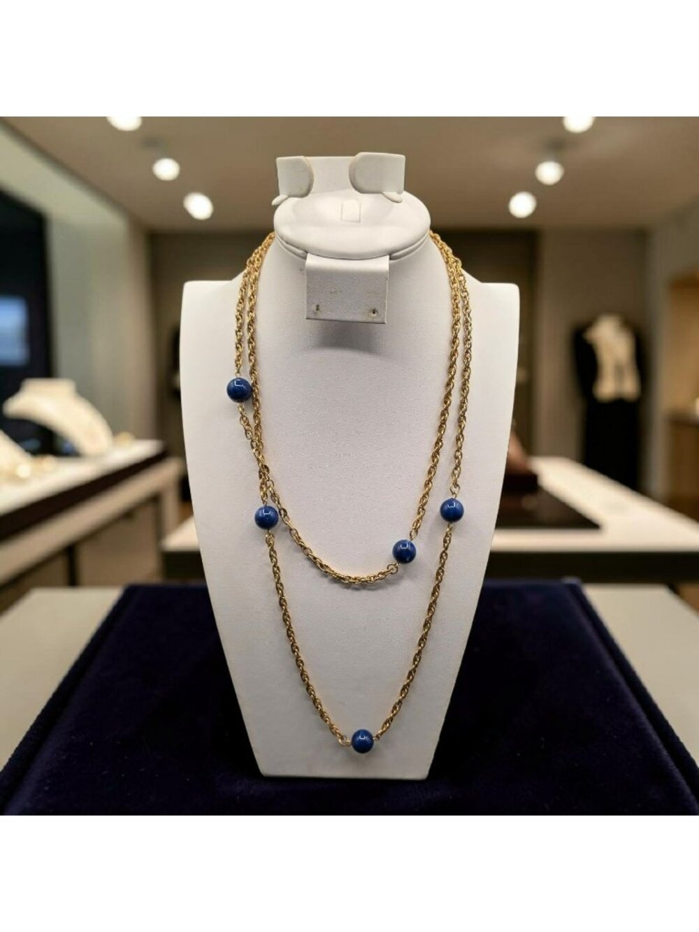 Sarah Coventry Cobalt Blue Acrylic Bead Gold Tone Chain 44" Necklace